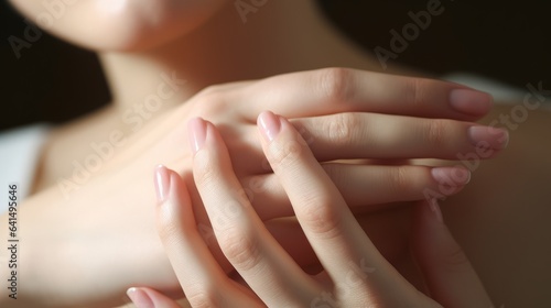 Beautiful hands using skin care products. Generative AI. 