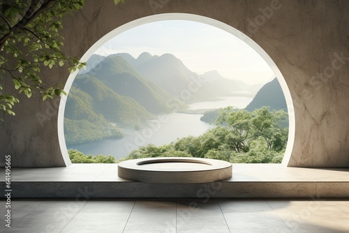 Abundant natural light envelops minimalist interior with circular window  showcasing scenic nature.