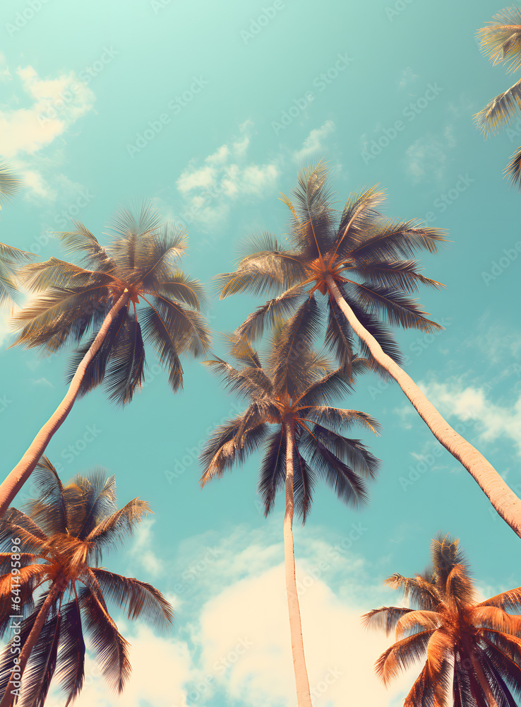 Looking Up at Beautiful Palm Trees on Sunny Day