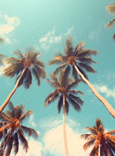 Looking Up at Beautiful Palm Trees on Sunny Day