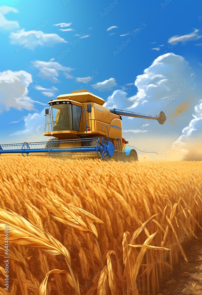 Fototapeta premium Combine harvester working on a wheat field. 3D render