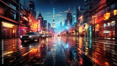 The vibrant energy of a nighttime cityscape with streaks of multi-colored light trails from passing cars.