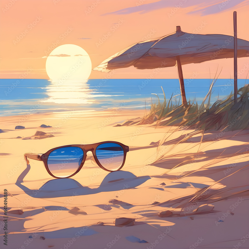 Beautiful sunglasses illustration on the Brazilian coastline, beautiful sunset. Digital art on sunrise on an amazing beach vacation. Drawing of sand, clouds and sea.