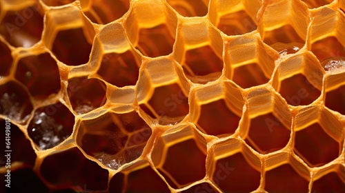 Closeup image of honeycomb showing intricate hexagonal cells filled with golden honey.