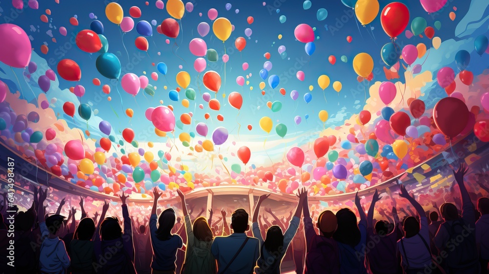 Crowd of people with colorful balloons in the sky cartoon illustration ...