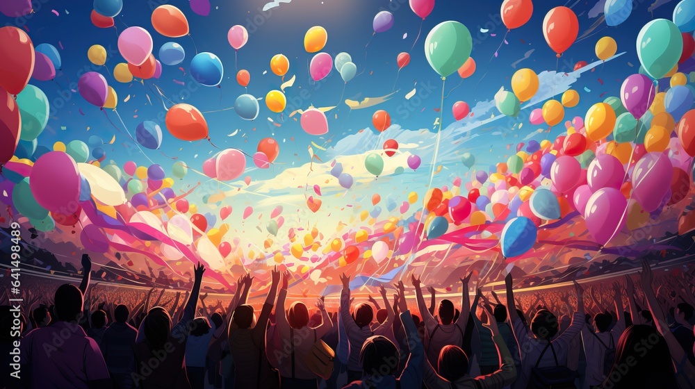 Crowd of people with colorful balloons in the sky cartoon illustration ...
