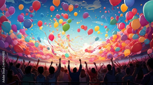 Crowd of people with colorful balloons in the sky cartoon illustration.