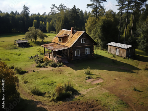wooden simple old house in natural color against the background of a summer landscape top view. unity with nature country life. © Iryna Medvedeva