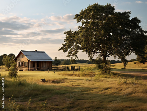 a small wooden lonely house under a huge old spreading tree against the background of a summer evening landscape. Country life and unity with nature.