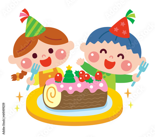 クリスマスケーキを食べる子どもたちのイラスト