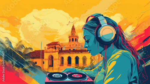 A Colombian woman enjoying music on a turntable with headphones