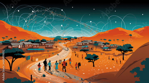 A group of people walking down a dirt road in Colombia