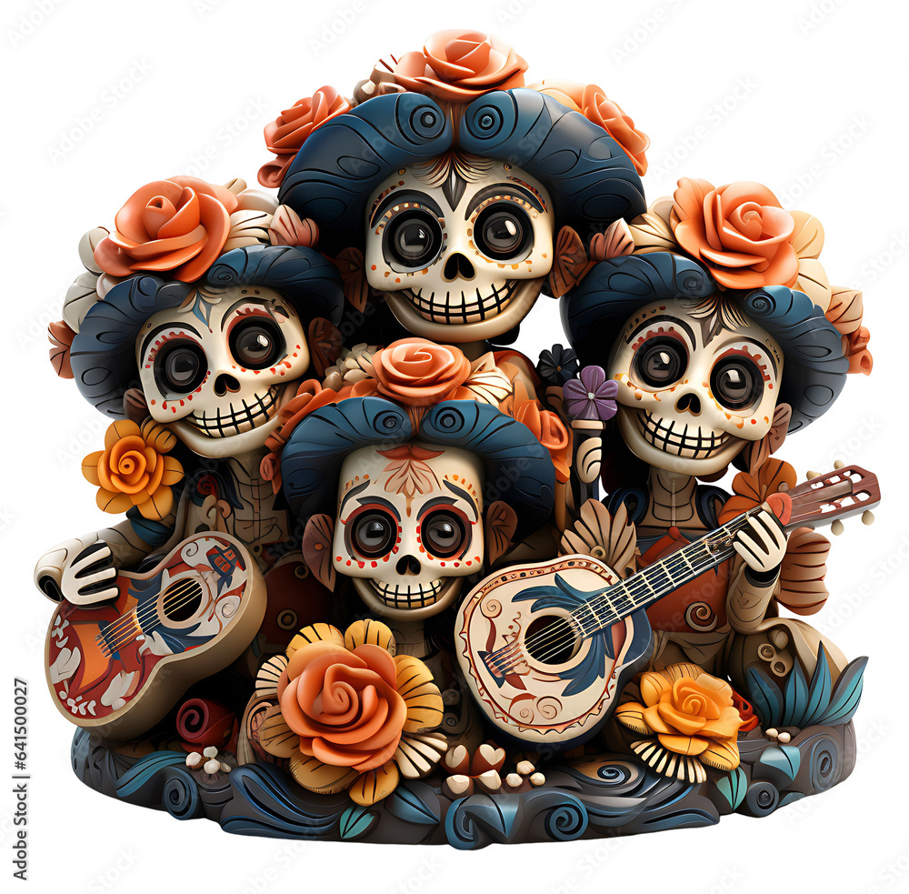 Mexican sugar skulls, Day of the Dead, 3D cartoon, transparent background 