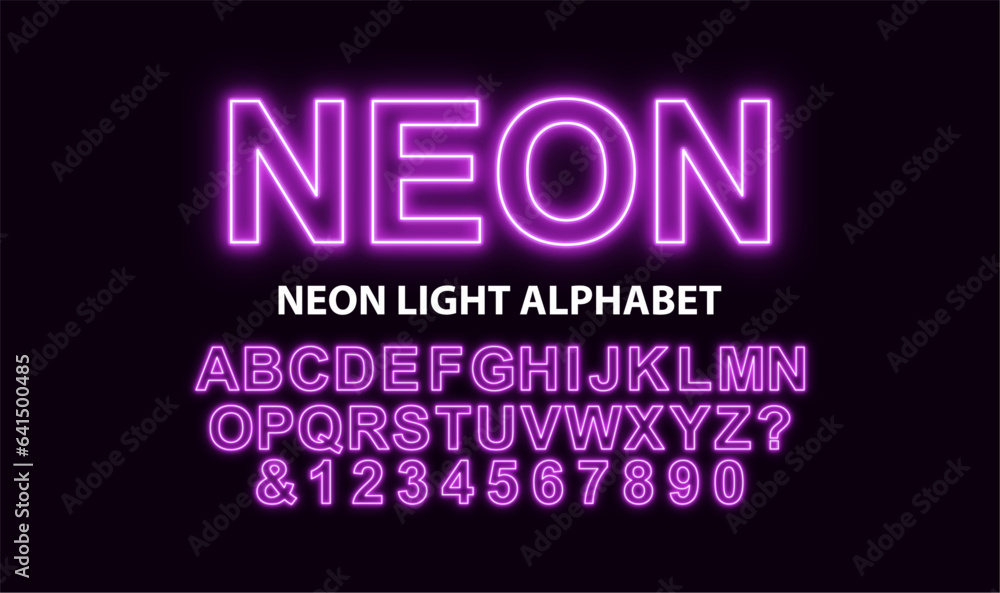 Neon light font. Retro neon font in futuristic style. purple neon glow typeface, Futuristic style font. Vector	
