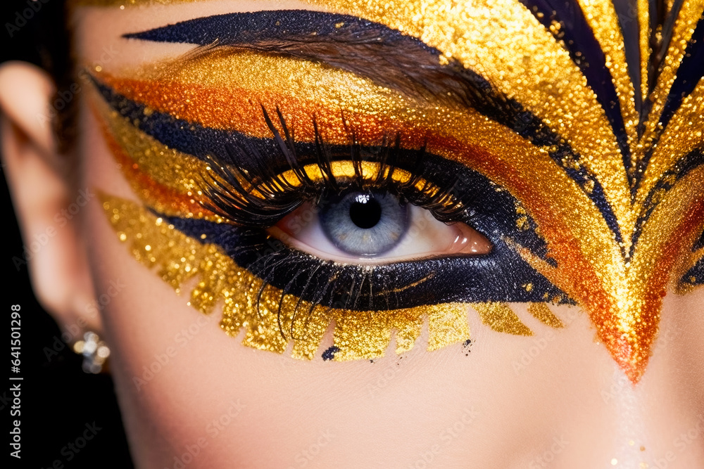 Fashion Glamour Makeup. Holiday Gold Glittering Eyeshadows.  Stunning Art Eye Make-up. 