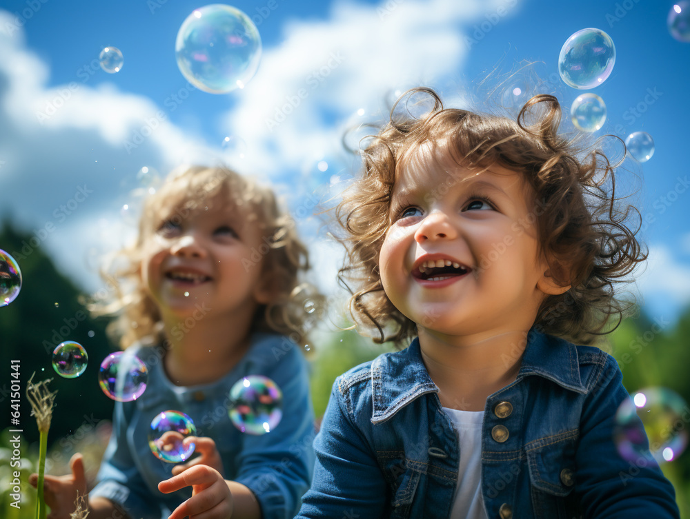 Joyful Kids Gazing Skyward at Bubbles Joyful Kids Gazing Skyward at Bubbles