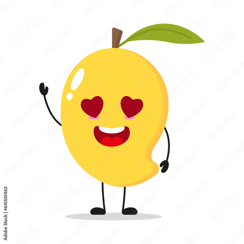 Cute happy mango character. Funny fall in love fruit cartoon emoticon in flat style. food vector illustration Cute happy mango character. Funny fall in love fruit cartoon emoticon in flat style. food vector illustration