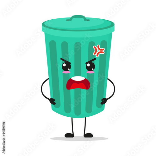 Cute angry trash can character. Funny mad dustbin cartoon emoticon in flat style. garbage vector illustration