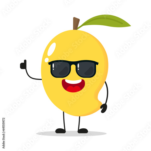 Cute happy mango character wear sunglasses. Funny fruit greet friend cartoon emoticon in flat style. food vector illustration