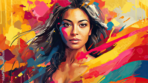 A vibrant Colombian woman's face against a colorful backdrop