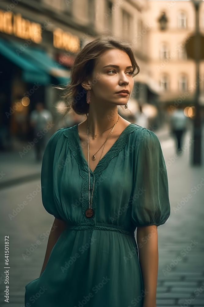 young beautiful caucasian woman in green dress walking in city center. AI Generated