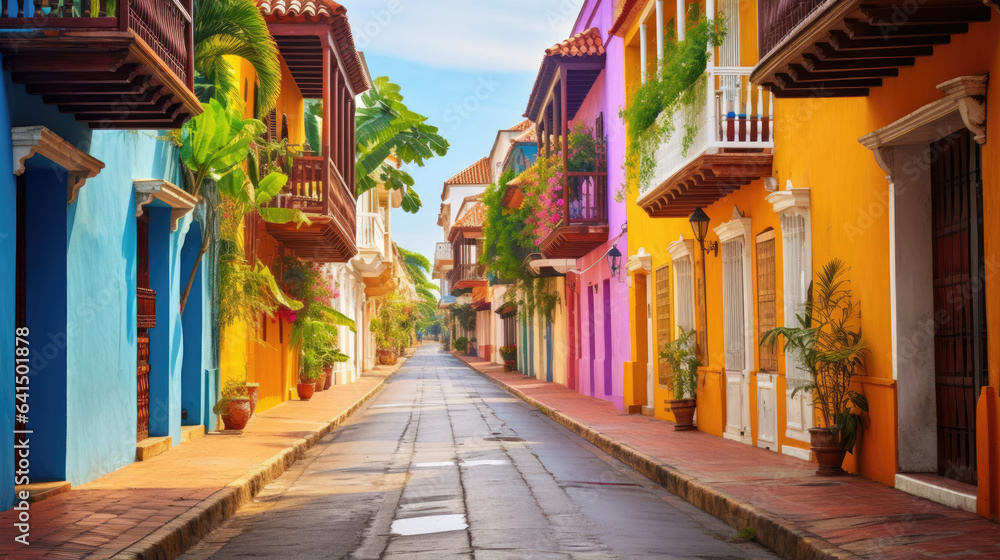 Colorful buildings and palm trees on a vibrant street in Colombia