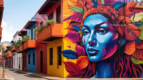 A vibrant mural featuring the captivating face of a Colombian woman adorning the side of a building