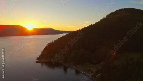 Aerial shot of the Pacific Ocean in Orcas Island, Washington during a summer day in the Pacific Northwest.