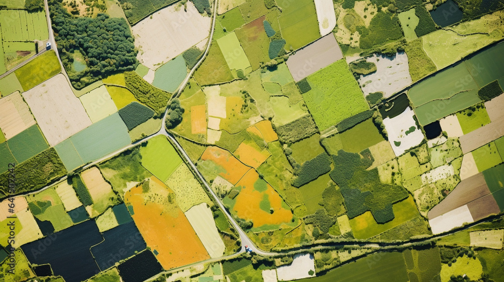 A Bird's-Eye View of a Patchwork of Agricultural Fields, Where Farming Meets Nature in a Vibrant Landscape