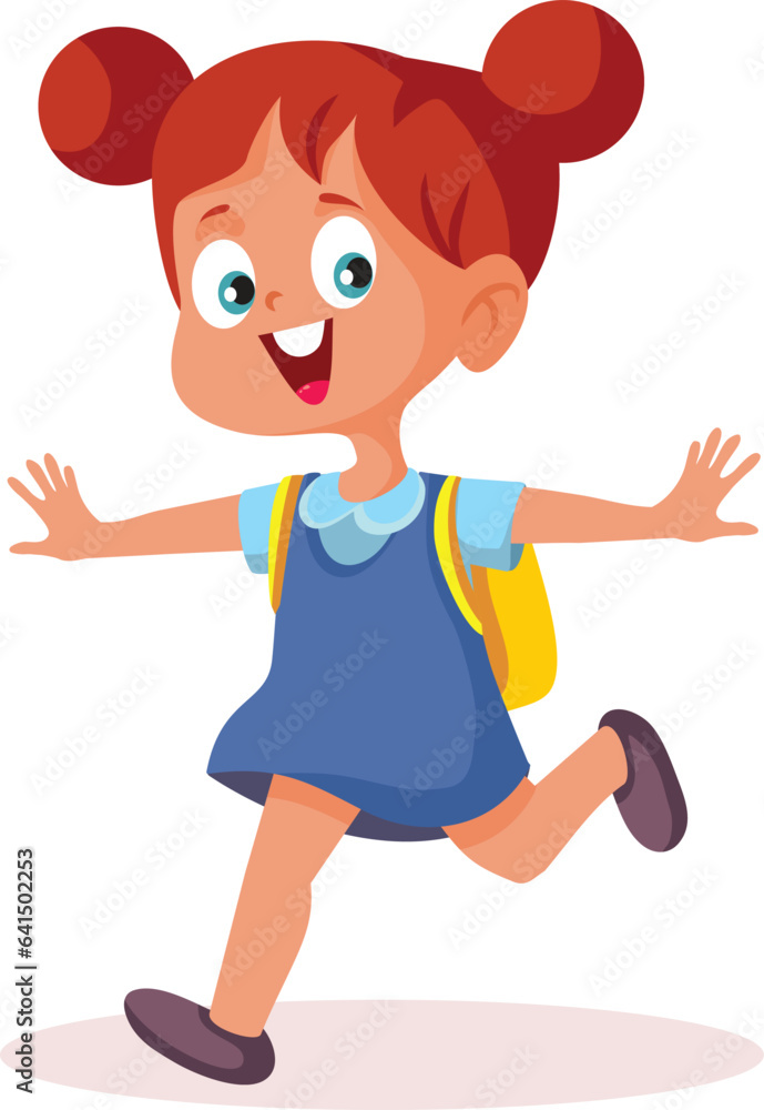 Happy Little Girl Running Going Back to School Vector Cartoon. Cheerful schoolgirl with the backpack and uniform jumping of joy
