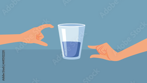 Person Showing the Glass Half Full Half Empty Vector Cartoon Illustration. Optimistic versus pessimistic mentality in two different people 
