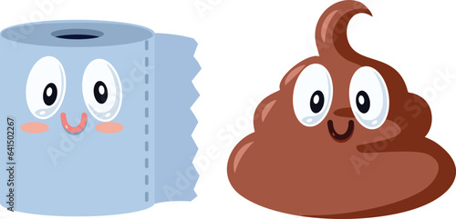 Poo and Toilet Paper Funny Cartoon Characters Vector Design. Funny toilet humor mascots smiling cheerfully 
