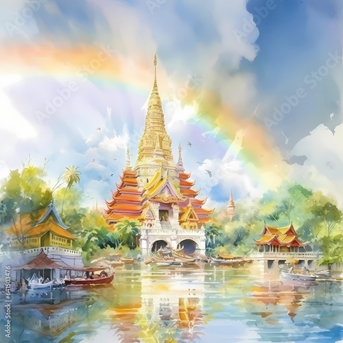 beautiful golden pagoda Thai style with river view © Wipada