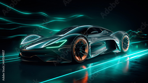 Futuristic Sports Car On Neon Highway.