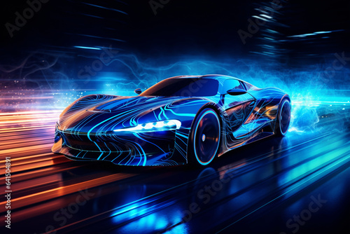Futuristic Sports Car On Neon Highway. Powerful acceleration of a supercar with colorful lights trails. © Korexcalibur