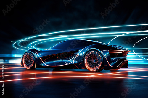 Powerful acceleration of a supercar with colorful lights trails.