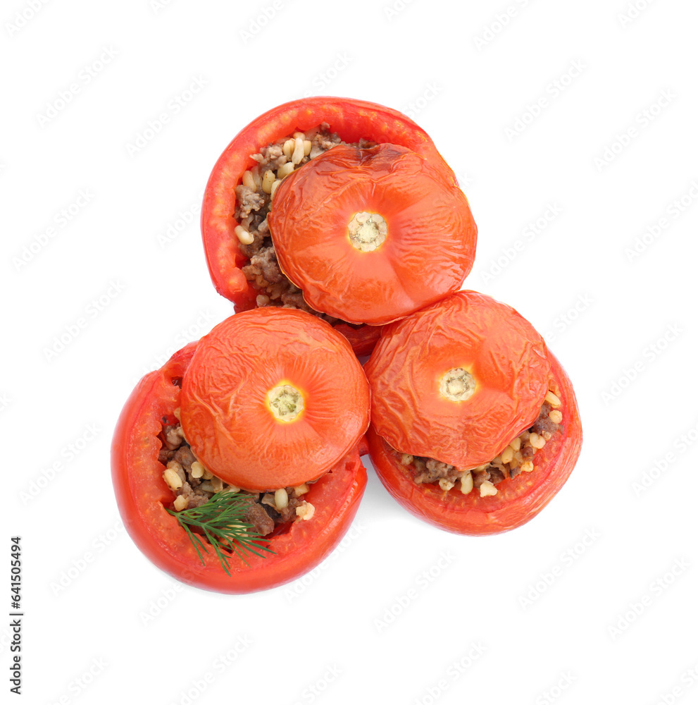 Delicious stuffed tomatoes on white background, top view