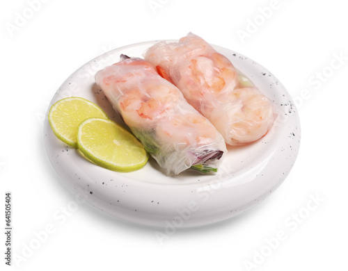 Delicious spring rolls with shrimps wrapped in rice paper on white background