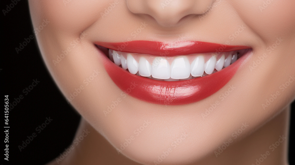 A Close-Up of a Woman's Mouth Showcasing a Beautiful White Teeth Smile, an Expression of Confidence and Dental Wellness A Close-Up of a Woman's Mouth Showcasing a Beautiful White Teeth Smile, an Expression of Confidence and Dental Wellness