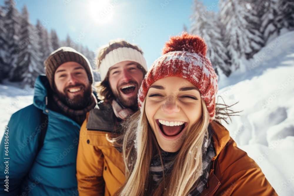 Group of young people taking a selfie with a smart phone while skiing and snowboarding in a ski centar on a mountain