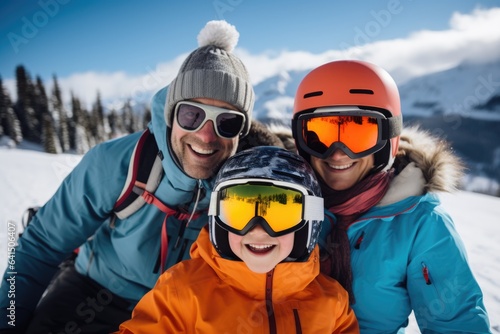 Male gay couple and their adopted child skiing and snowboarding on a ski resort on a snowy mountain during winter