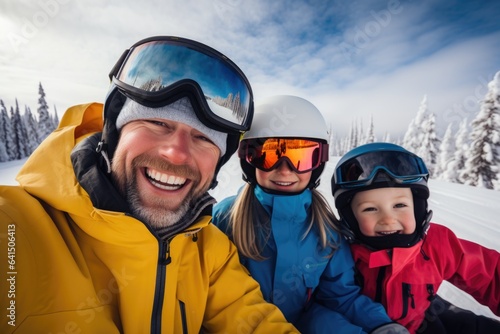 Single father taking his kids skiing and snowboarding on a ski resort on a snowy mountain during winter © Geber86