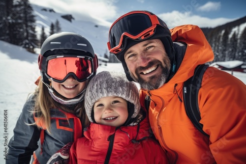 Single father taking his kids skiing and snowboarding on a ski resort on a snowy mountain during winter