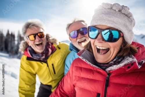 Group of senior people taking a selfie with a smart phone while skiing and snowboarding on a ski resort on a snowy mountain during winter © Geber86