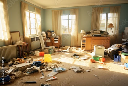 Ruined office, old furniture. Messy room, dirty walls. Dust and debris everywhere. Concept of neglect and decay.