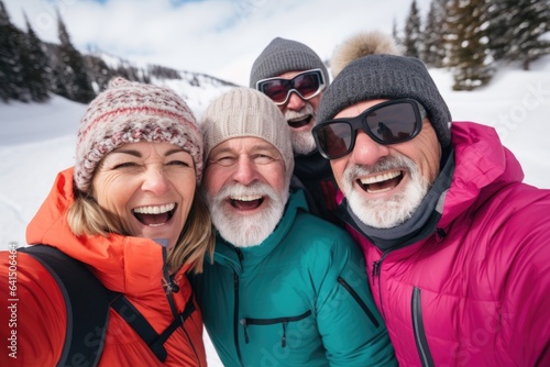 Group of senior people taking a selfie with a smart phone while skiing and snowboarding on a ski resort on a snowy mountain during winter