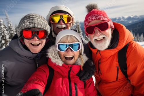 Group of senior people taking a selfie with a smart phone while skiing and snowboarding on a ski resort on a snowy mountain during winter