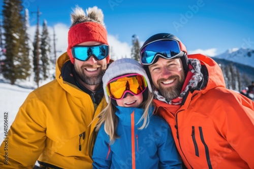 Smiling portrait of a male gay couple and their adopted daughter on a ski resort on a snowy mountain during winter