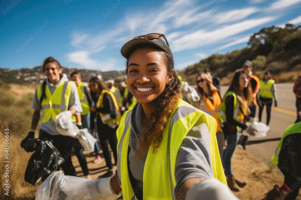 Diverse group of young people and volunteers volunteering and cleaning