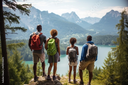 Young african american family hiking in the forest and looking at a beautiful view of a lake and mountains